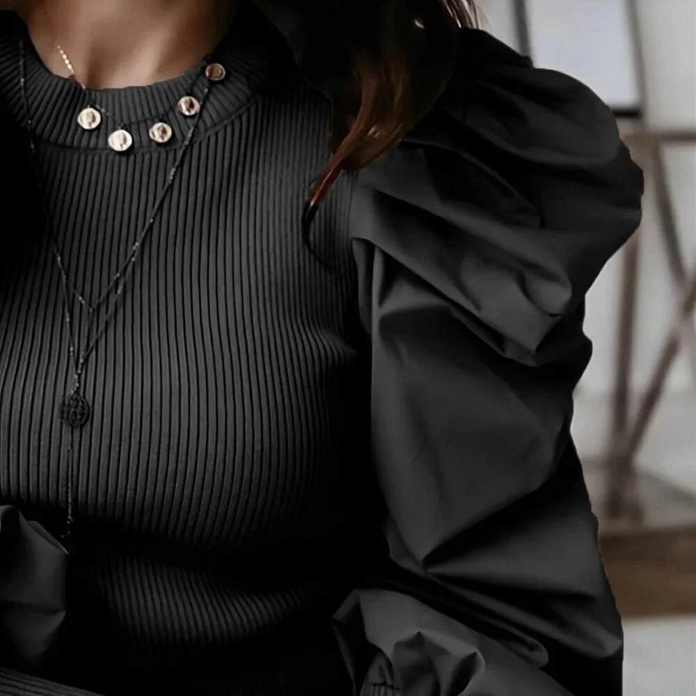 Black Casual Women's Crew Neck Fitted Puff Sleeve Splice